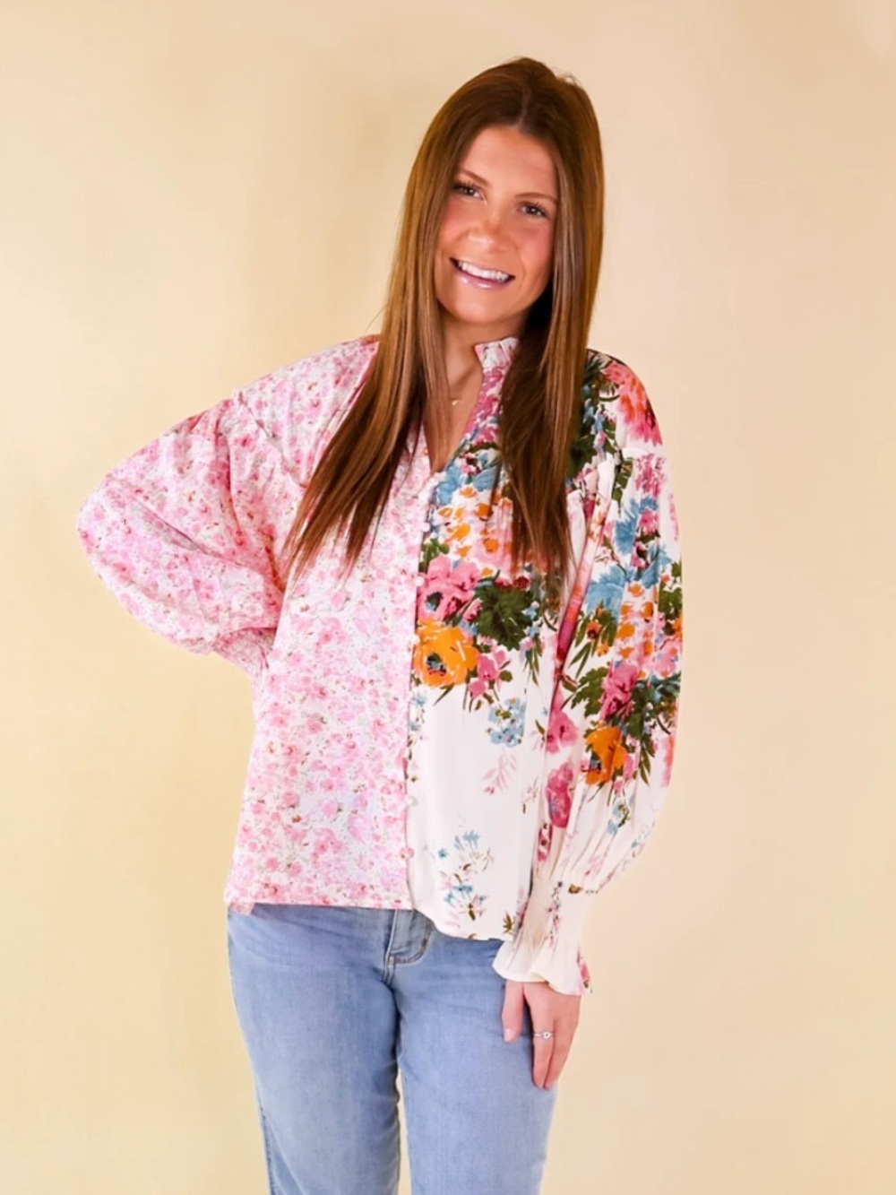 Mixed Floral Patchwork Pink Plus Blouse